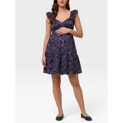 Women's V-Neck Flutter Sleeve Tiered Maternity Mini Dress - Black Floral - Size: Small - Motherhood Maternity | Target