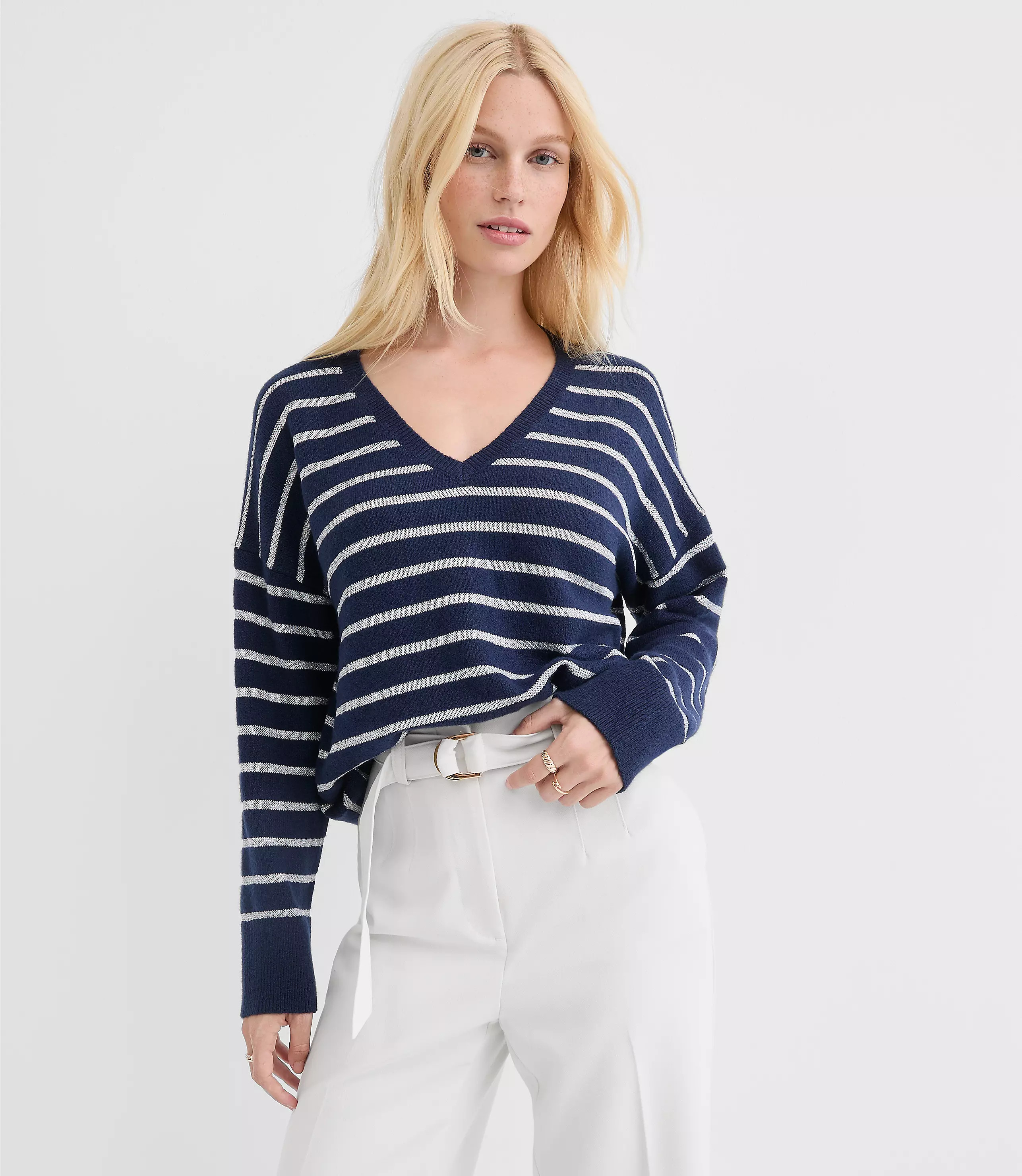 Shimmer Stripe V-Neck Relaxed Everyday Sweater | LOFT