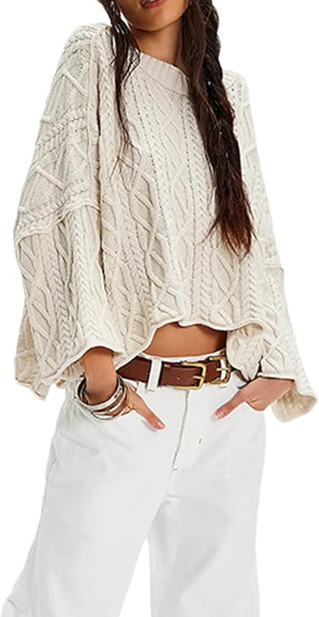 Zontroldy Women's Crewneck Lantern Sleeve Boxy Cable Knit Sweater Cropped Pullover Sweaters Jumpe... | Amazon (US)
