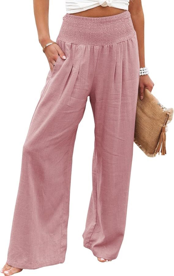 Vansha Women Summer High Waisted Cotton Linen Palazzo Pants Wide Leg Long Lounge Pant Trousers wi... | Amazon (US)