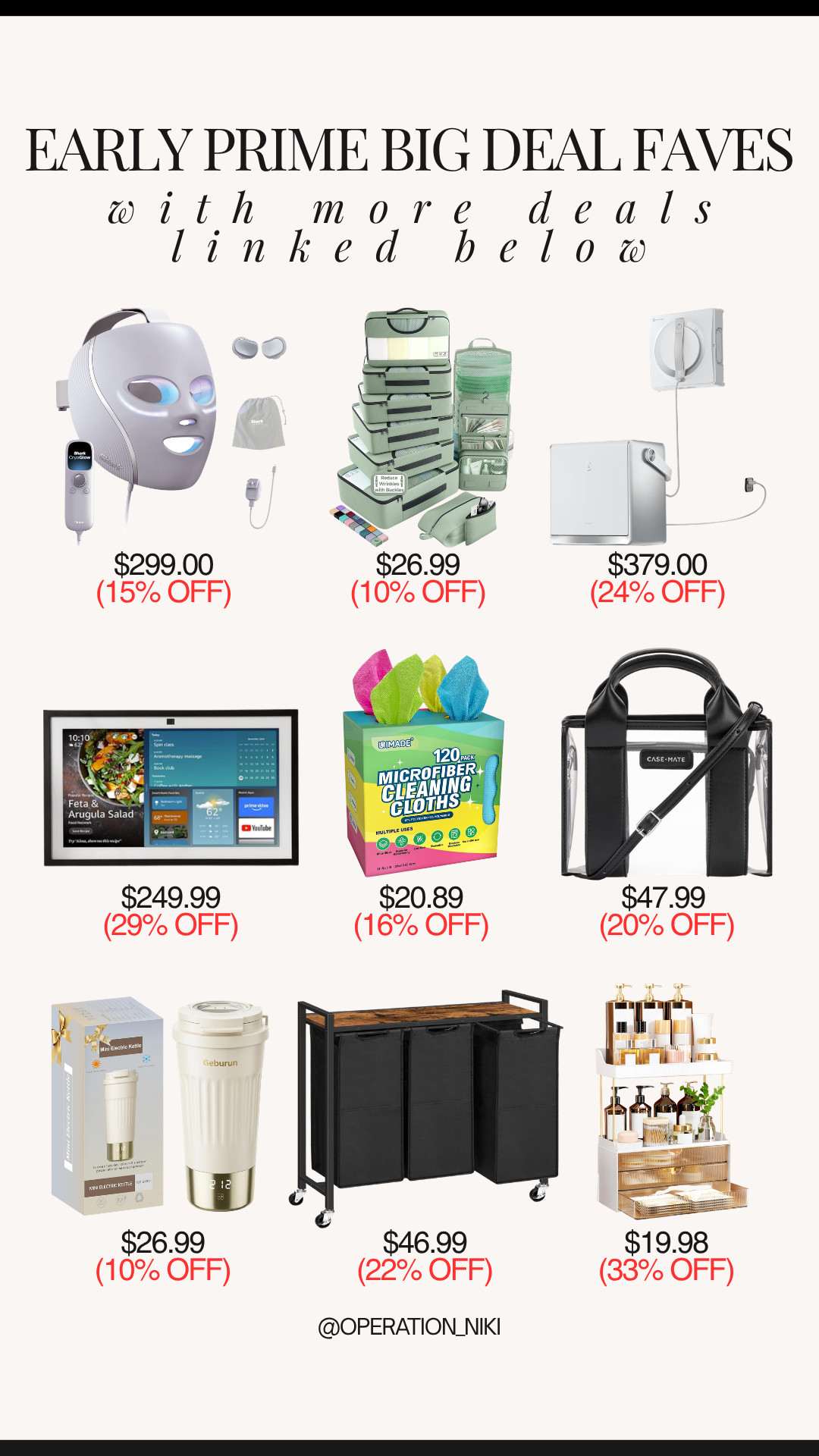 Getting a head start on early Prime Big Deals makes scoring top home, tech, and beauty staples at huge discounts so satisfying! ✨🛍️

This lineup features incredible deal picks: Shark CryoGlow LED face mask, travel compression packing cubes, Ecovacs window cleaning robot, Echo Show 15 smart display, microfiber cleaning cloths, clear crossbody bag, heated travel mug, rolling laundry sorter, and a 2-tier bathroom organizer.

Shop all these early Prime Big Deal faves and more linked below! 🛒

Follow for more @OPERATION_NIKI on IG, TikTok, & Facebook

#PrimeBigDealDays #AmazonDeals #EarlyPrimeDeals #OperationNiki #AmazonFinds #HomeEssentials #TechDeals #BeautyDeals #ShoppingHaul 

 #LTKselfcare #LTKfoodie #LTKHome