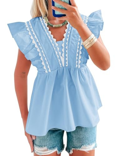 Tankaneo Womens Ruffle Cap Sleeve Babydoll Blouse Dressy Casual Summer V Neck Peplum Tops Loose Fit Pleated Shirts Sky Blue | Amazon (US)
