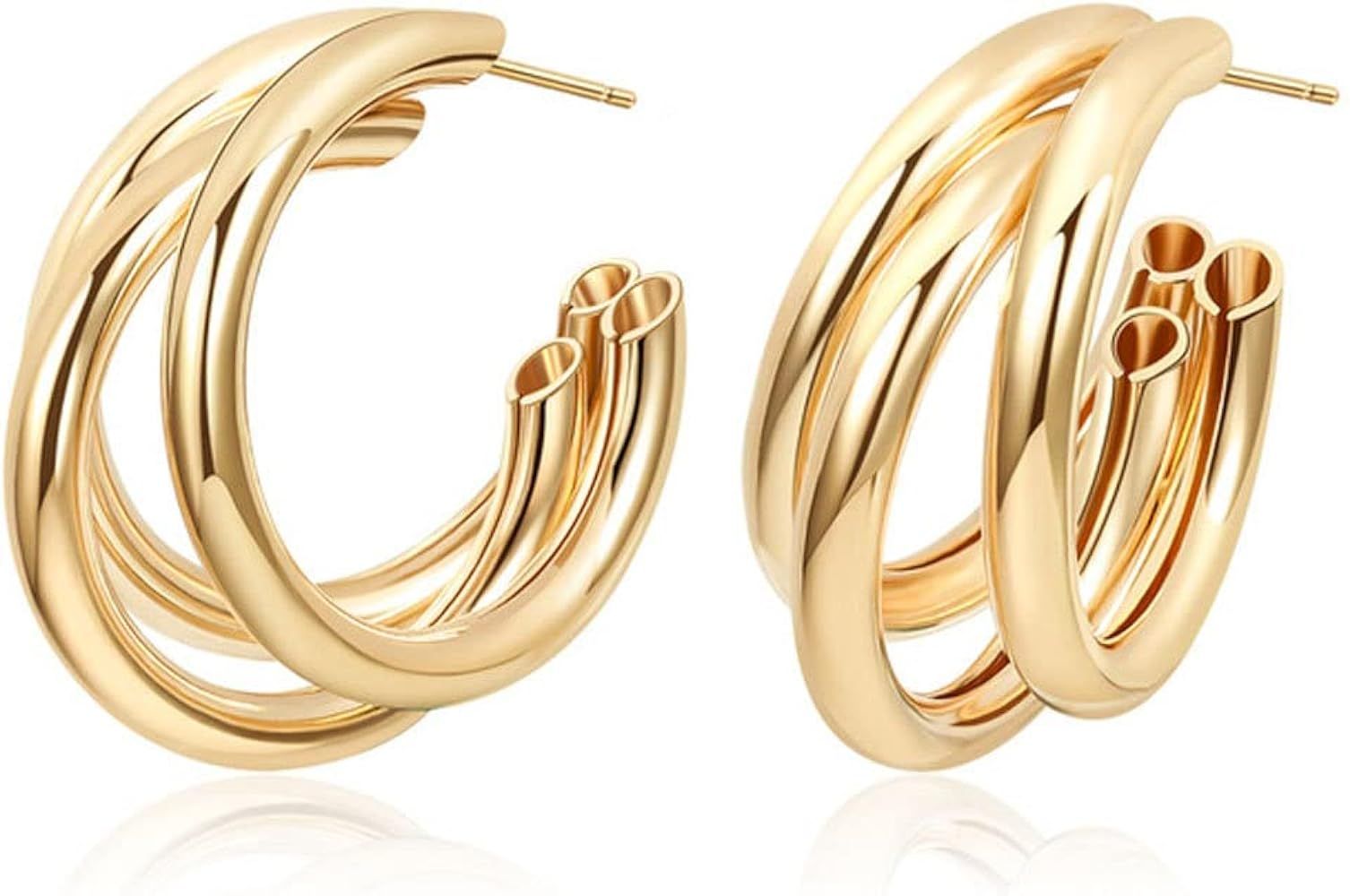 RELOVET Triple Hoop Earrings Chunky Tube Gold Silver Earrings Minimal Statement Fashion for Women | Amazon (US)
