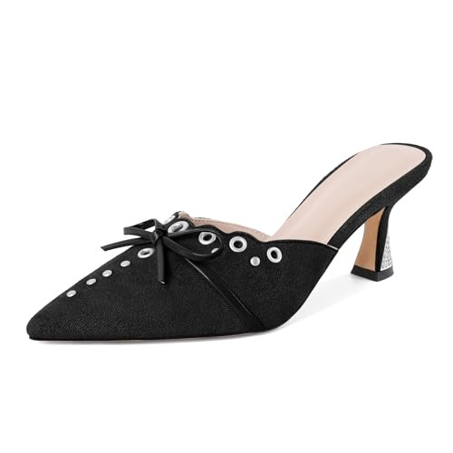 Joseywade Mules For Women Kitten Heels Bow Tie Heels Rhinestone Closed Pointed Toe Heeled Slip on Shoes for Bridal Dress Suede Black Size 9.5 | Amazon (US)