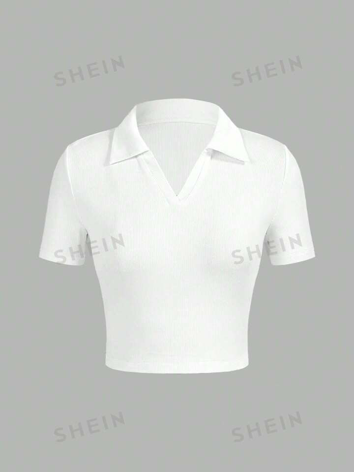 SHEIN EZwear Women Short Sleeve T-Shirt With Notched V-Neckline, Solid Color For Casual Daily Out... | SHEIN