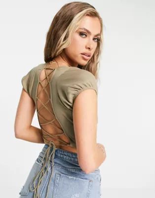 Motel lace back ribbed crop top in khaki | ASOS (Global)