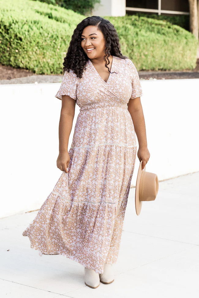 Happy For You Brown Floral Short Sleeve Maxi Dress | Pink Lily