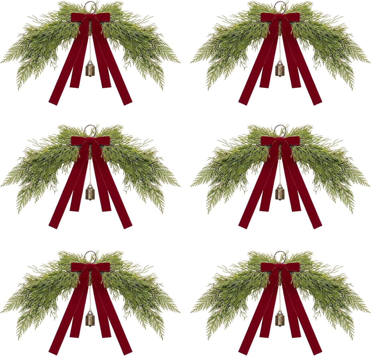 6 Pcs 13" Mini Christmas Swags with Burgundy Velvet Bow and Bell | Amazon (US)
