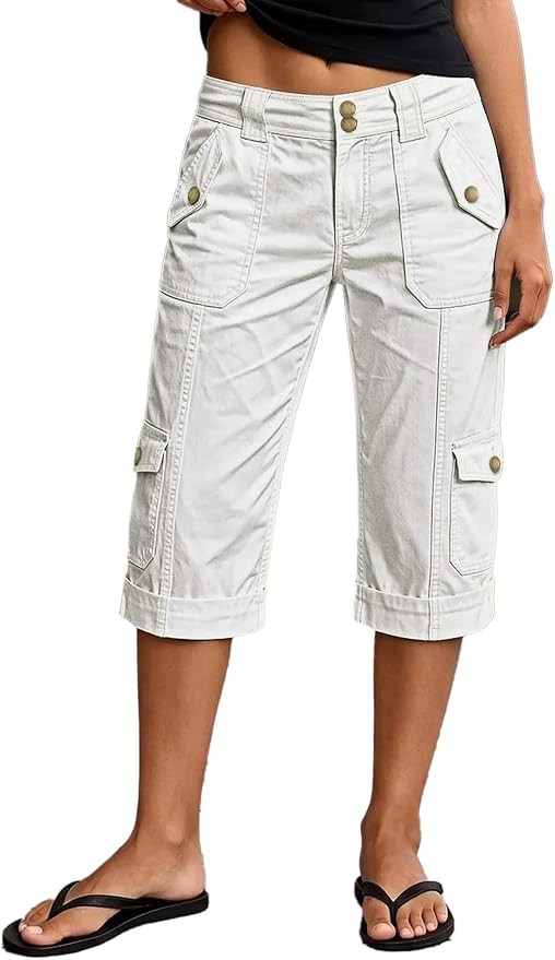 Flamingals Capri Pants for Women Mid Rise Straight Leg Cargo Capris Dual Button Multi Pockets Bag... | Amazon (US)