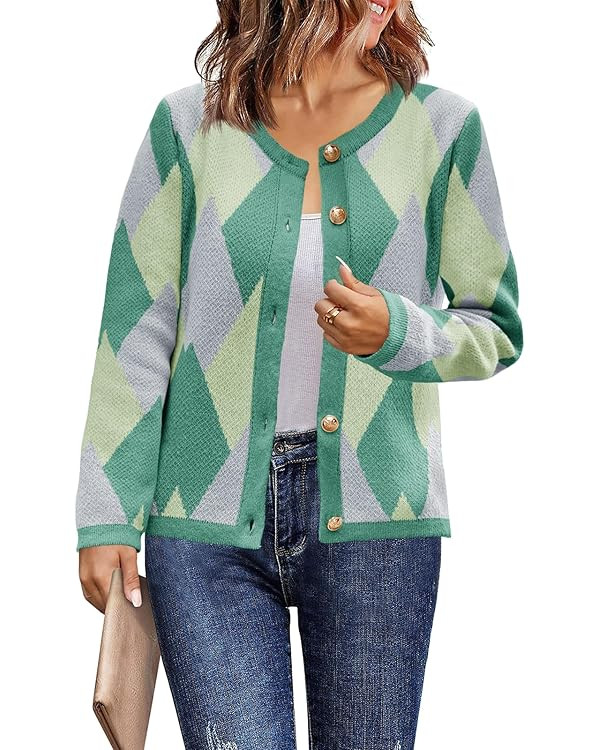 Saodimallsu Womens Color Block Cardigan Button Down Crewneck 2024 Fall Trendy Open Front Long Sle... | Amazon (US)