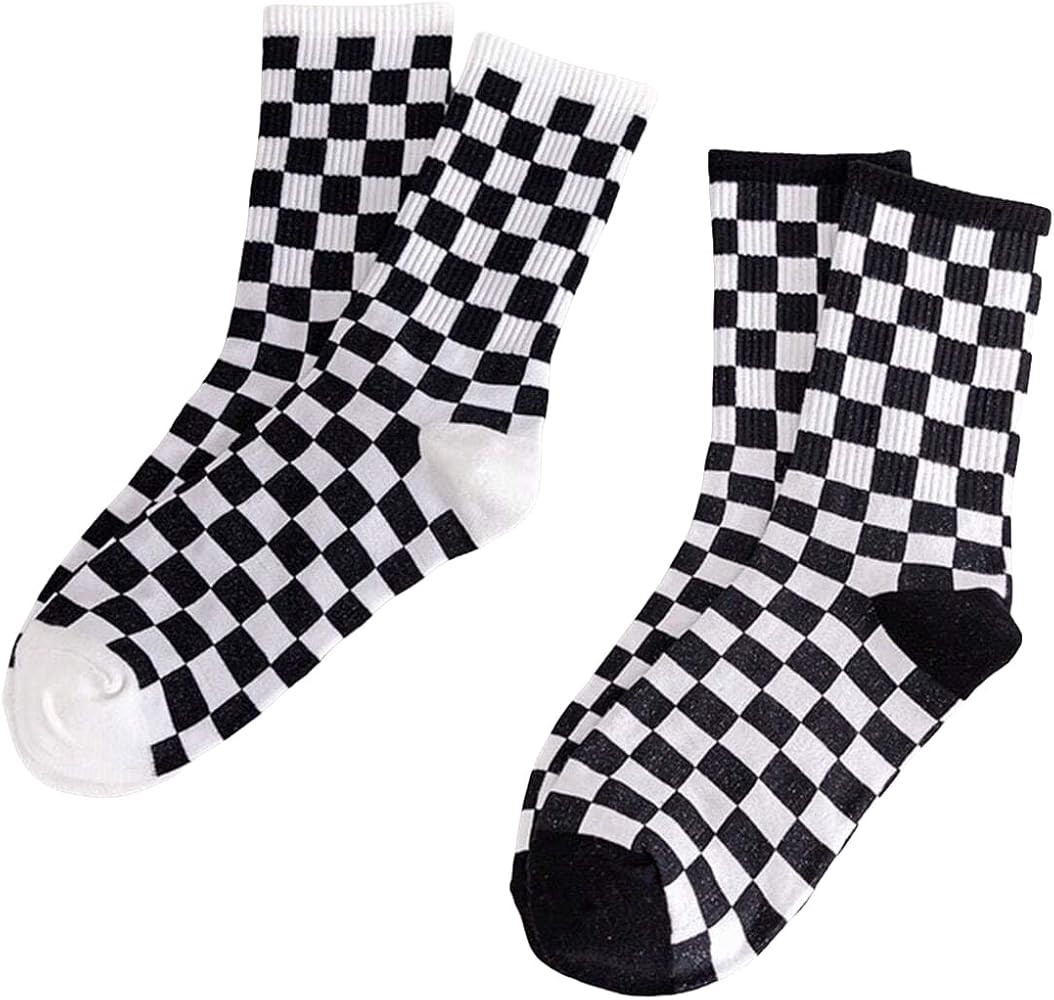Verdusa Women's 2 Pairs Checkered Mid Calf Socks Printed Crew Socks | Amazon (US)