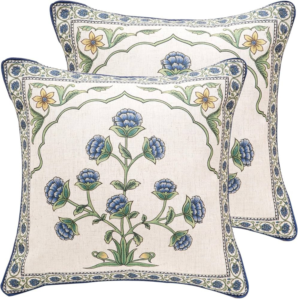 patdrea Designer Throw Pillow Covers Set of 2,Blue Euro Elegant Linen with Blooming Floral Patter... | Amazon (US)
