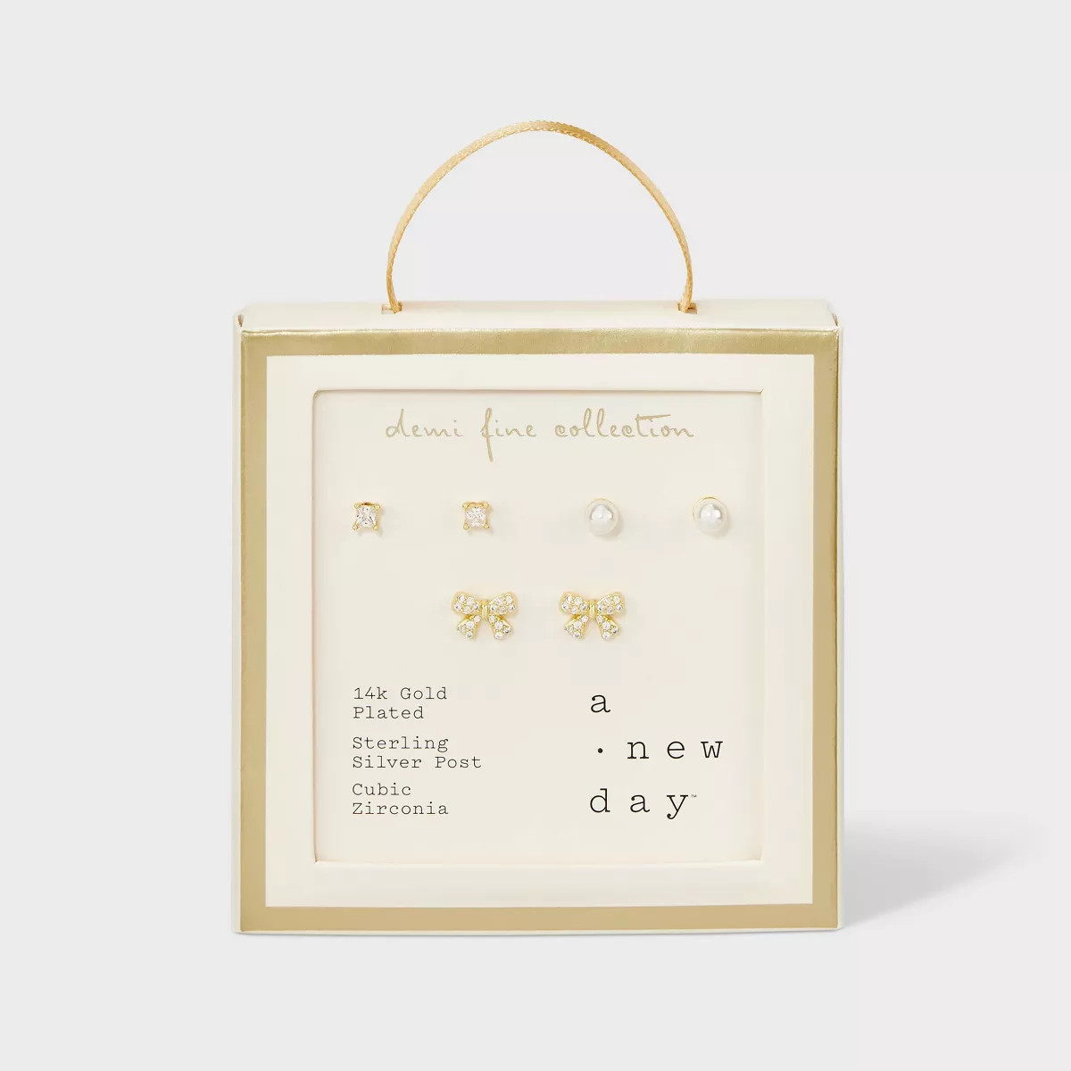 14k Gold Plated Simulated Pearl Round Cubic Zirconia Bow Stud Earring Set 3pc - A New Day™ Gold | Target