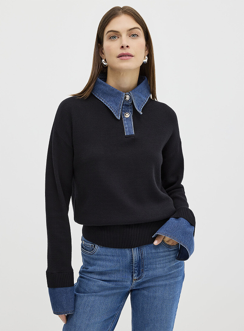 Denim inserts jewel buttons polo shirt | Simons