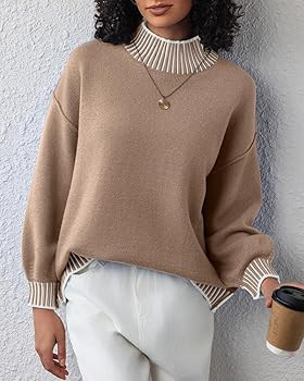 CHYRII Women Fall Fashion 2024 Sweater Overiszed Batwing Long Sleeve Striped Turtleneck Pullover ... | Amazon (US)