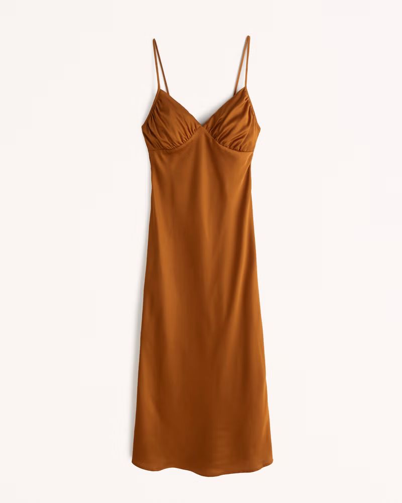 Women's Ruched Satin Slip Midi Dress | Women's New Arrivals | Abercrombie.com | Abercrombie & Fitch (US)