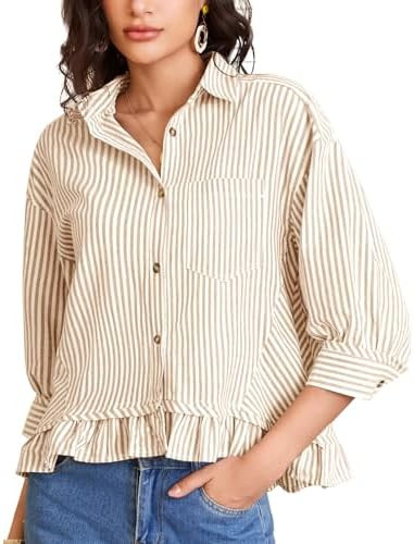 Flygo Womens Striped Button Down Shirts 3/4 Sleeve Cropped Blouse | Pure Cotton Breathable Fabric... | Amazon (US)