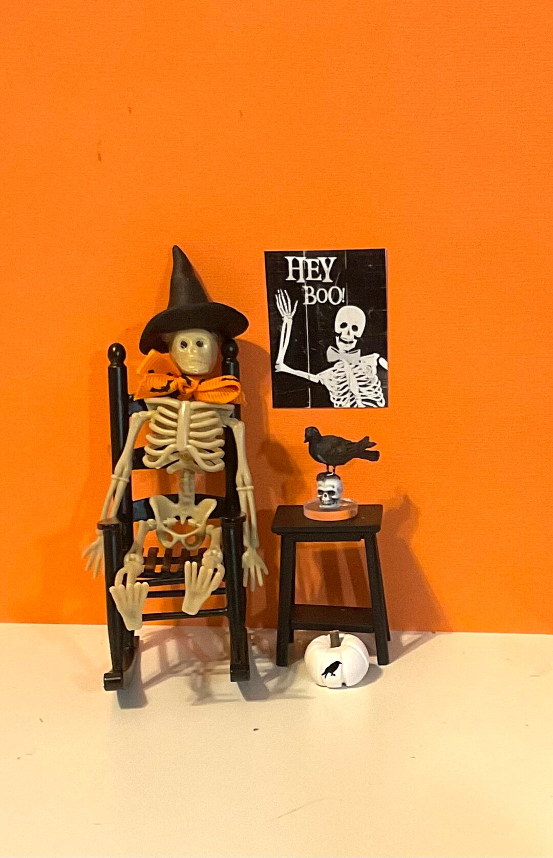 Dollhouse Miniature, Halloween Decor, Skeleton with Witch Hat, Black Rocker, Black Table, Hey Boo... | Etsy (US)
