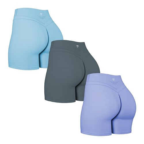 TomTiger Yoga Shorts for Women Tummy Control High Waist Biker Shorts Exercise Workout Butt Lifting Tights Women's Short Pants (Blue/Grapemist/Eucalyptus,L) | Amazon (US)