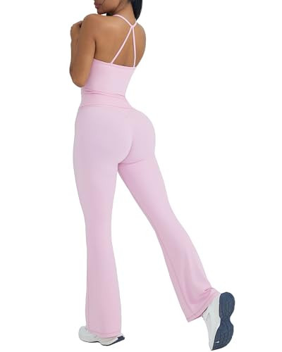 OMKAGI 2 Piece Workout Sets for Women Padded Tank Tops Flare Leggings Pilates Outfits(S,449-Pink) | Amazon (US)