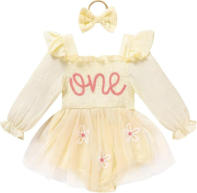 TITKKOP Baby Girl 1st Birthday Clothes One Year Old Tulle Romper Long Sleeve Bodysuit Cake Smash ... | Amazon (US)
