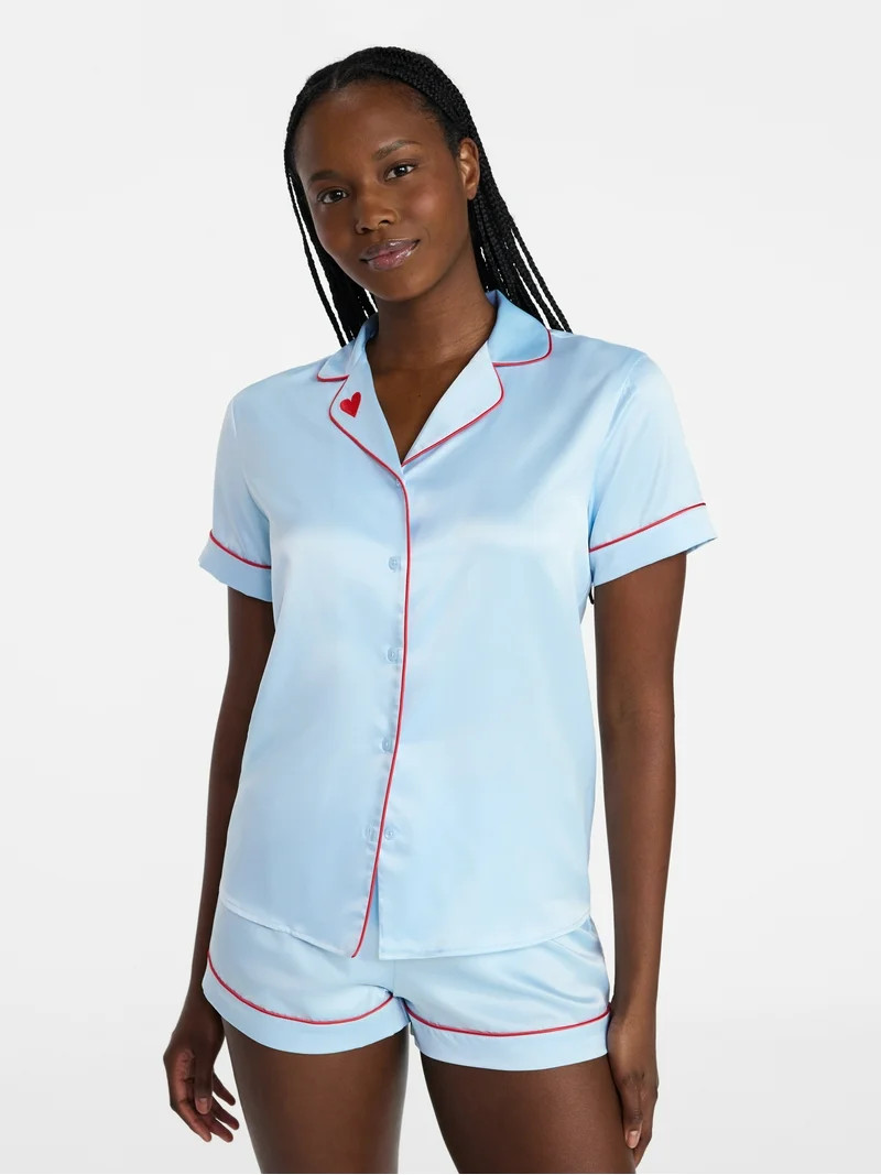 Joyspun Women’s Stretch Satin Short Sleeve Top and Shorts Pajama Set, Sizes XS-3X | Walmart (US)