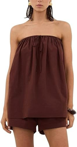 Women 2 Piece Shorts Set Loose Fit Strapless Tube Top and High Rise Drawstring Shorts Lounge Summ... | Amazon (US)