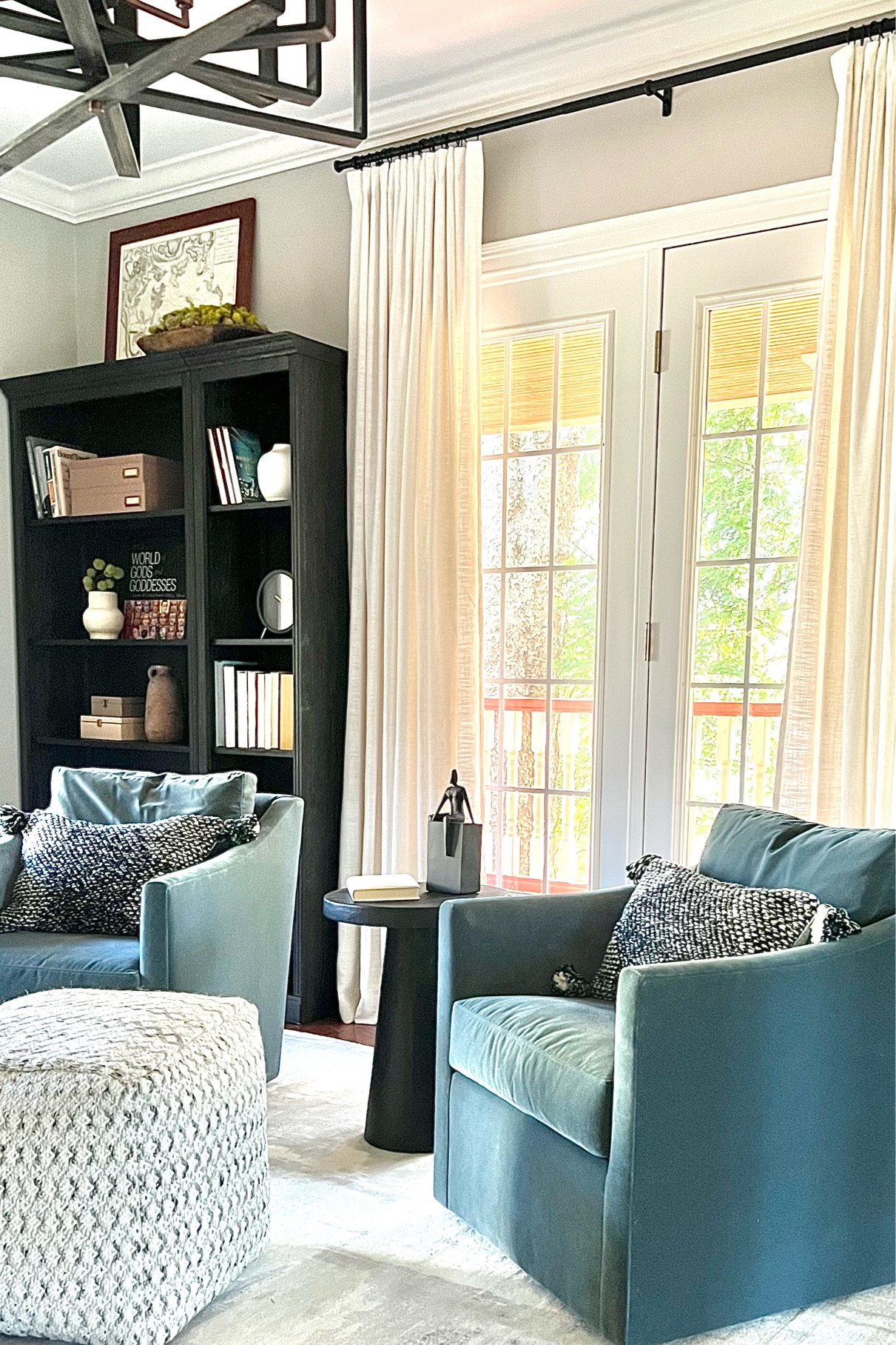 Home office decor!
Abstract area rug, pouf, light fixture, bookcase, side table, curtain rods, linen curtains.

#LTKhome #LTKFind #LTKstyletip