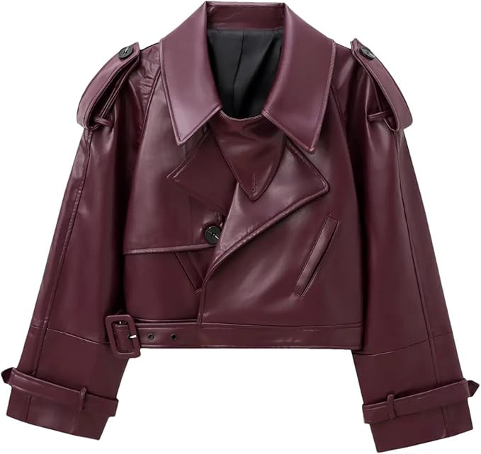 Women Cropped Faux Leather Bomber Jackets Long Sleeves Lapel Loose Adjustable Waist Biker Jacket | Amazon (US)