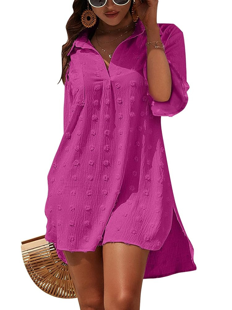 Blooming Jelly Womens Swimsuit Coverups White Chiffon Bikini Swimwear Beach Cover Up Dress Shirt | Amazon (US)