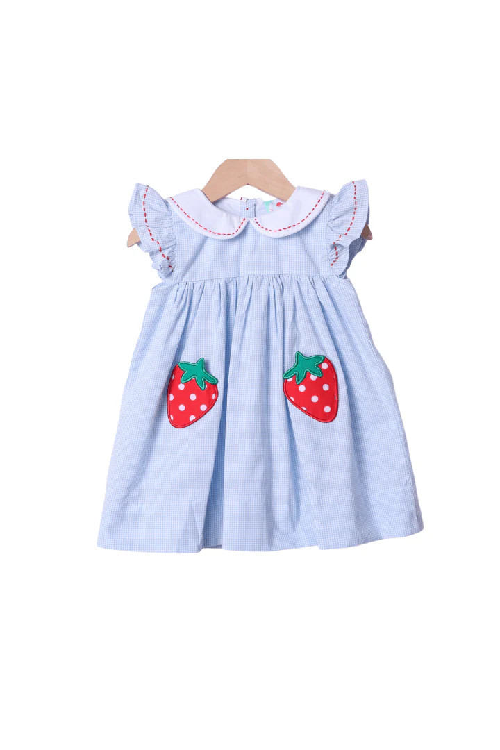 Strawberry Patch Blue Gingham Dress | The Smocked Flamingo