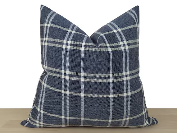 Navy Plaid Pillow Cover Navy Blue Linen Plaid Pillow Cover - Etsy | Etsy (US)