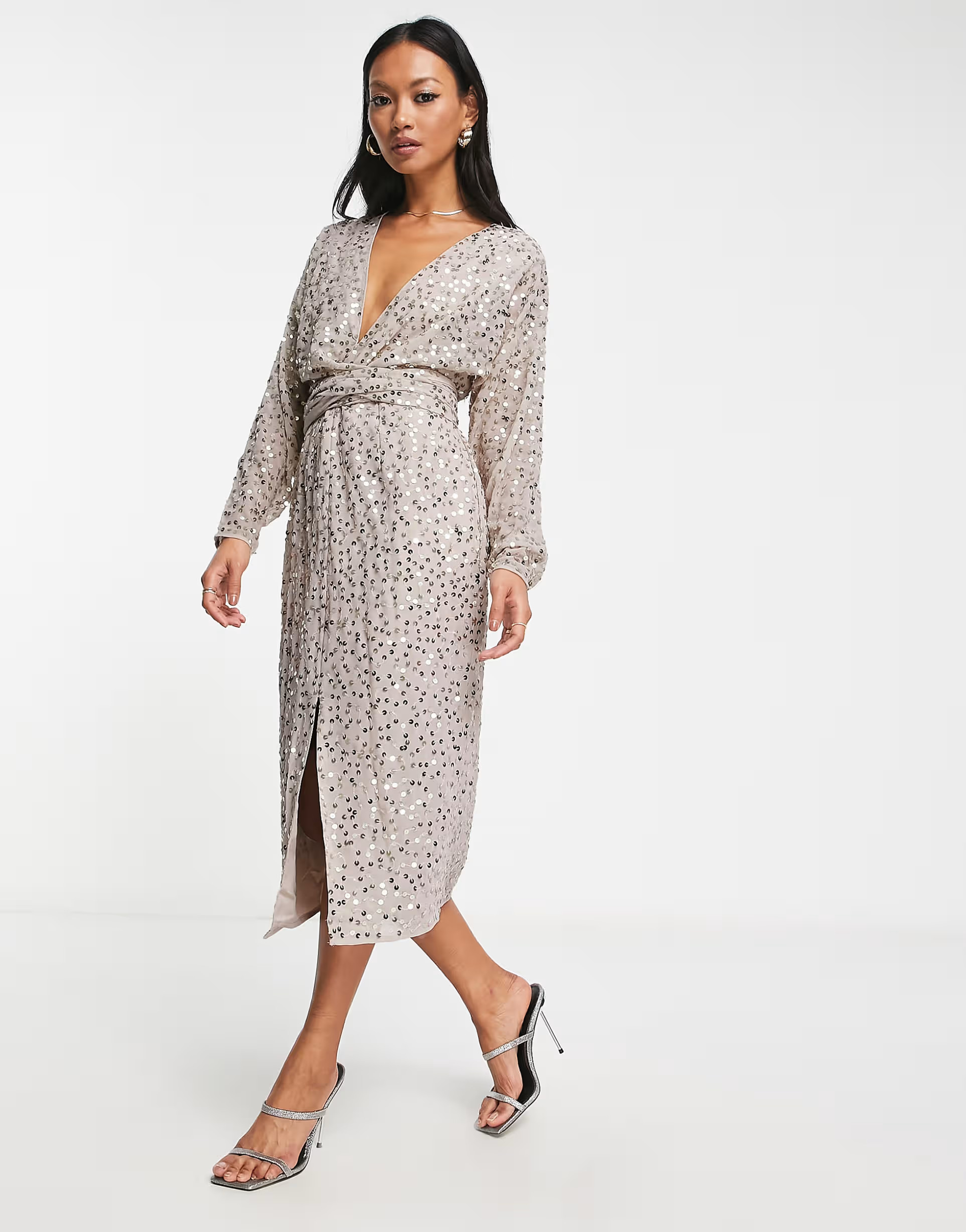 ASOS DESIGN midi dress with batwing sleeve and wrap waist in scatter sequin | ASOS (Global)