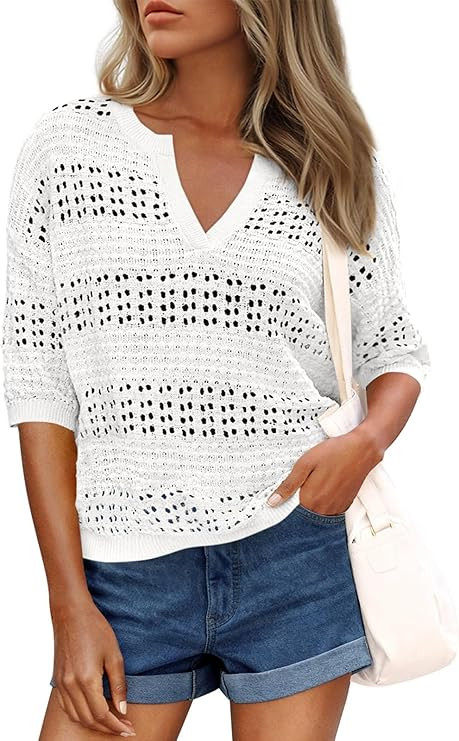 PRETTYGARDEN Womens Crochet Tops Casual Cotton Hollow Out Knit Short Sleeve Oversized Sweater for... | Amazon (US)