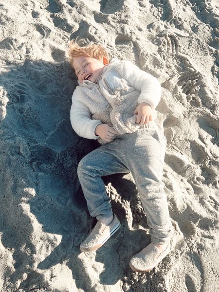 Toddler boy neutral sherpa jacket and sweats casual outfit. This kid loves the sand and water! 

Beach in the winter outfit. 

#LTKunder50 #LTKstyletip #LTKkids