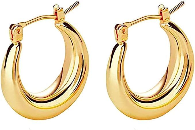 Amazon.com: Chunky Gold Hoop Earrings 14K Gold Plated 925 Sterling Silver Post Thick Tube Hoops f... | Amazon (US)