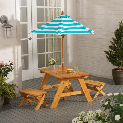 Outdoor Wooden Table & Bench Set, Striped Umbrella, Turquoise and White | Wayfair North America