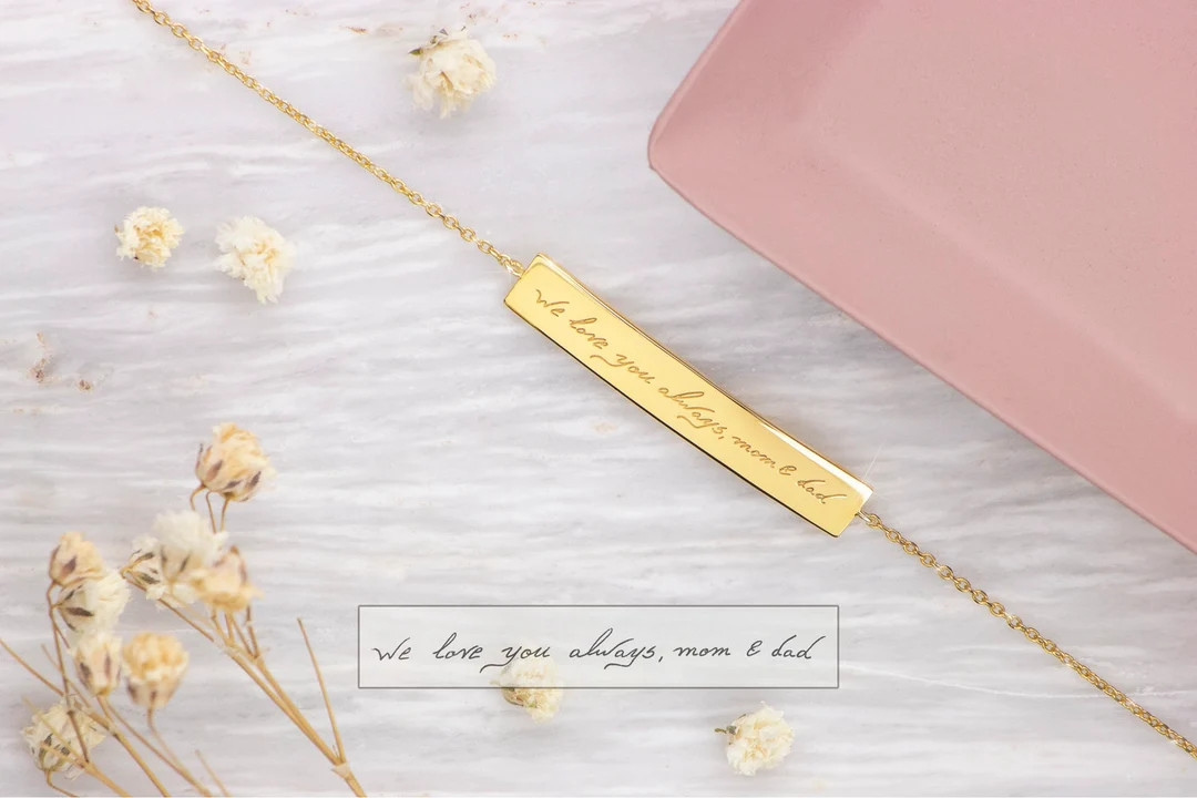 Gold Handwritten Bracelet, 9K 14K 18K Gold Bracelet, Engraved Bar Charm, Personalized Jewelry, Cu... | Etsy (US)