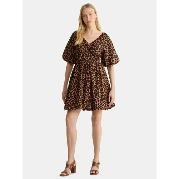 Time And Tru Women's Tie Back Cotton Mini Dress with Puff Sleeves, Sizes XS-XXXL | Walmart (US)