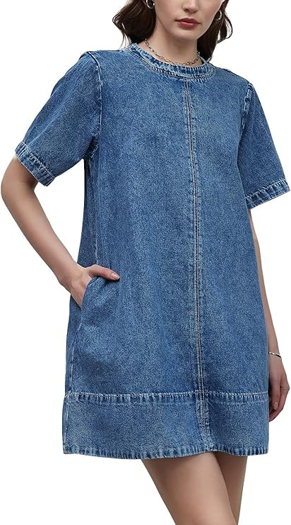 LifeShe Denim Dress for Women Summer Casual Short Sleeve Chambray Mini Jean Dresses with Pockets | Amazon (US)
