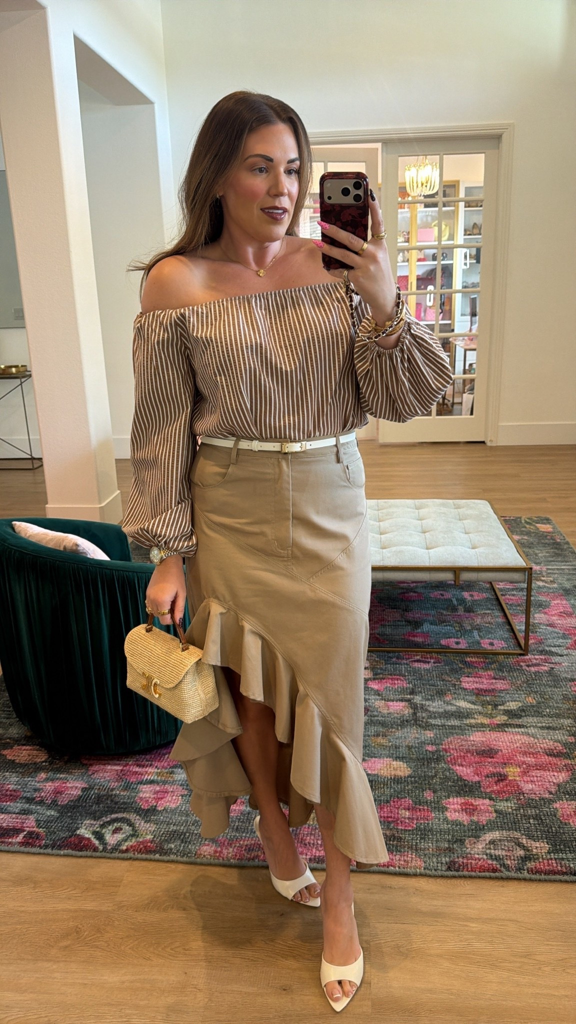 curvy midsize transitional fall look! wearing size medium in brown striped off the shoulder top and medium in ruffle khaki skirt 🤎

#LTKSeasonal #LTKMidsize