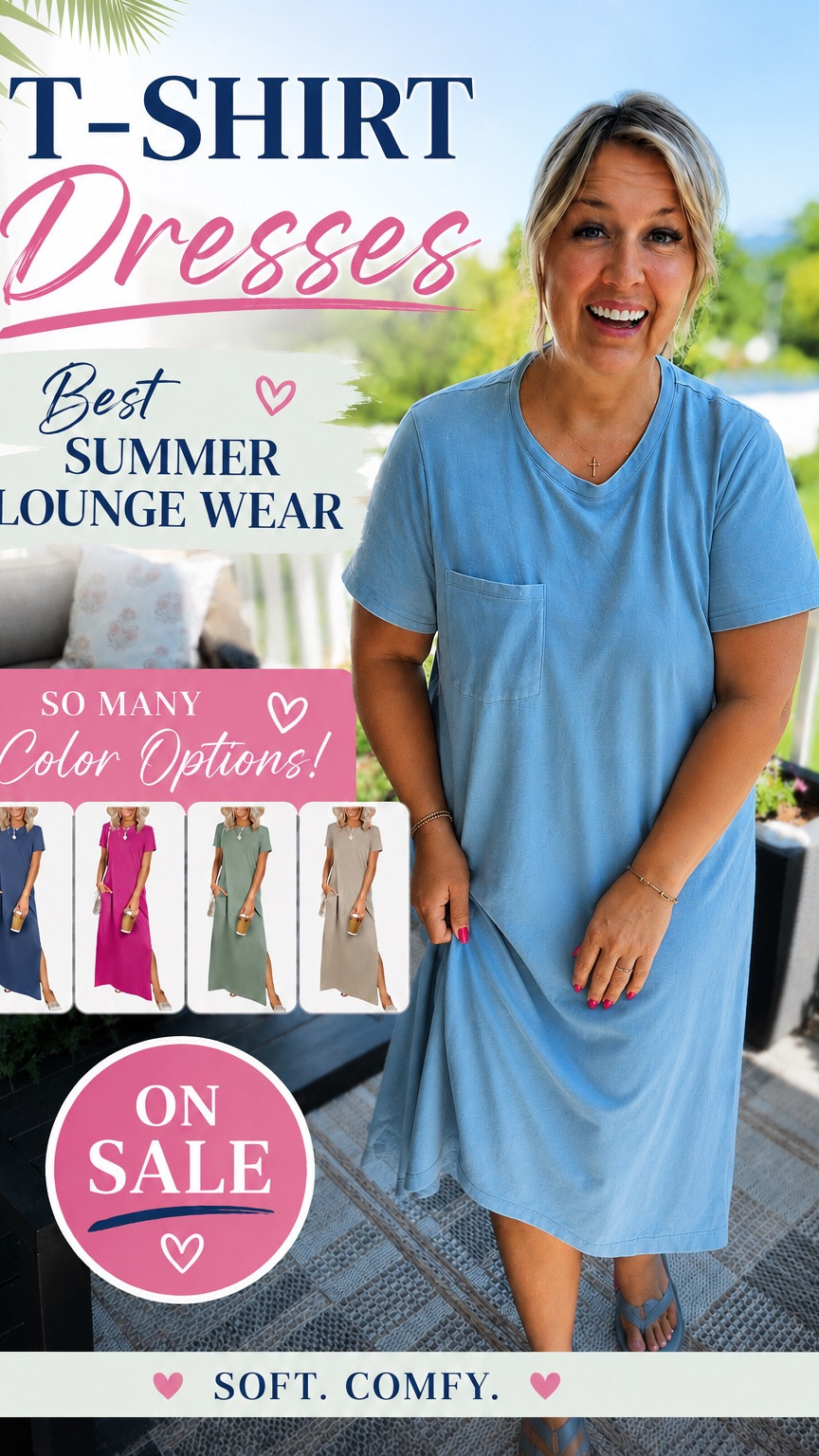 Nothing says summer comfort like a good T-shirt dress! ☀️ These are my go-to for lounging at home, running errands, or throwing on with sandals for an easy everyday look. They come in so many beautiful color options, have pockets, and the best part—they’re on sale right now! Soft, comfy, and effortlessly cute for warm summer days. Which color would you choose? 💕
-

t-shirt dresses, summer lounge wear, casual summer outfits, affordable fashion finds, midsize fashion, over 50 style, comfy summer dresses, everyday dresses, casual chic outfits, Amazon fashion finds, women’s summer style, easy outfit ideas, colorful dresses, on sale now, midsize summer fashion, comfy mom style, relaxed summer wardrobe, modest summer outfits, pocket dresses, vacation outfits for women.