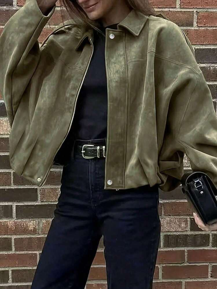 Plus Size Jacket With Batwing Sleeves, Zipper, Silver Buttons, Pleated Hem, Women's Fashion Soft Fabric Long Sleeve Street Style Loose Fit Lightweight Jacket For Spring & Autumn | SHEIN