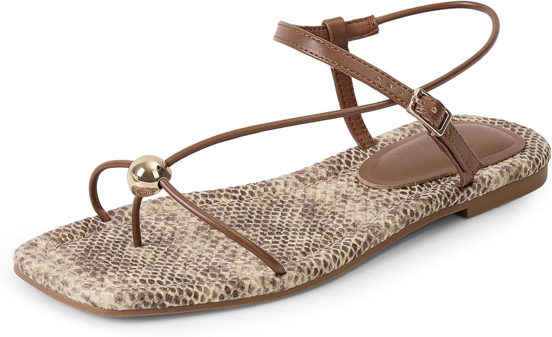 Strappy Flat Sandals for Women Comfortable Open Square Toe Slingback Sandals Dressy Beach Thong F... | Amazon (US)