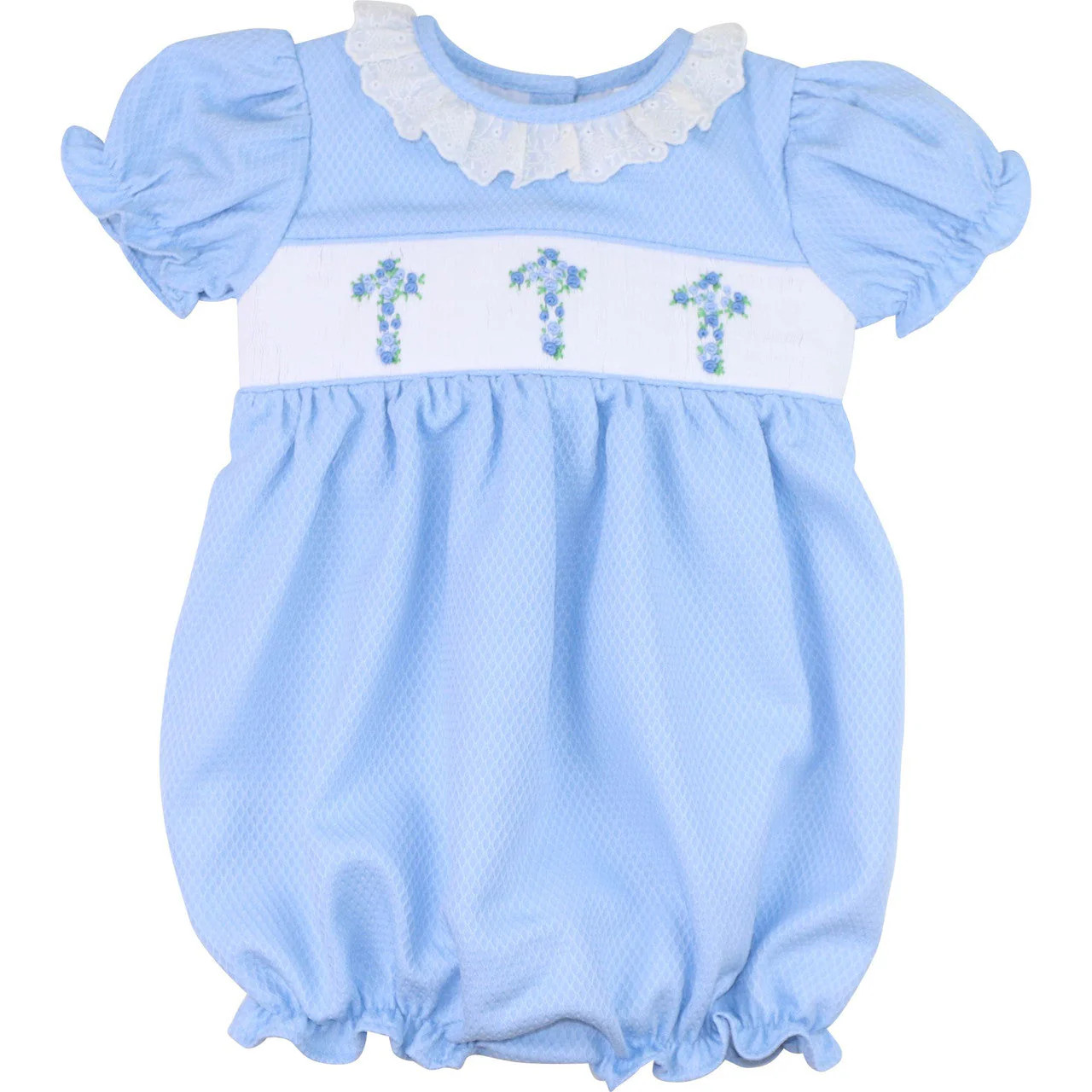 Blue Honeycomb Eyelet Smocked Cross Bubble | Cecil and Lou