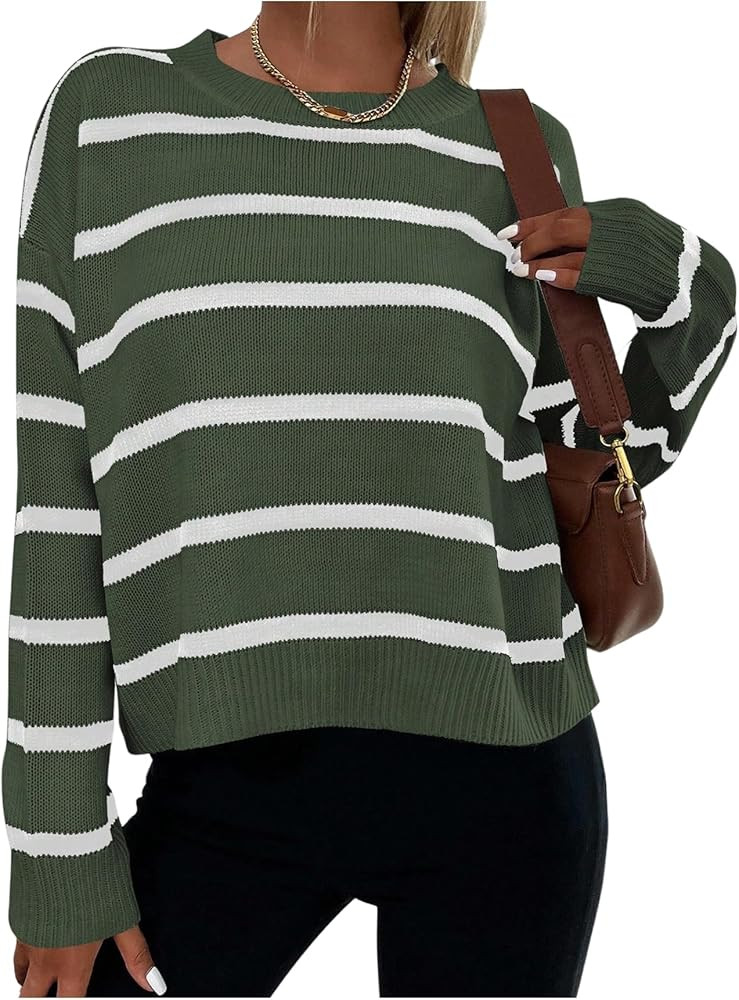 GORGLITTER Women's Striped Drop Shoulder Sweater Oversized Crew Neck Knit Sweaters Pullover Top | Amazon (US)