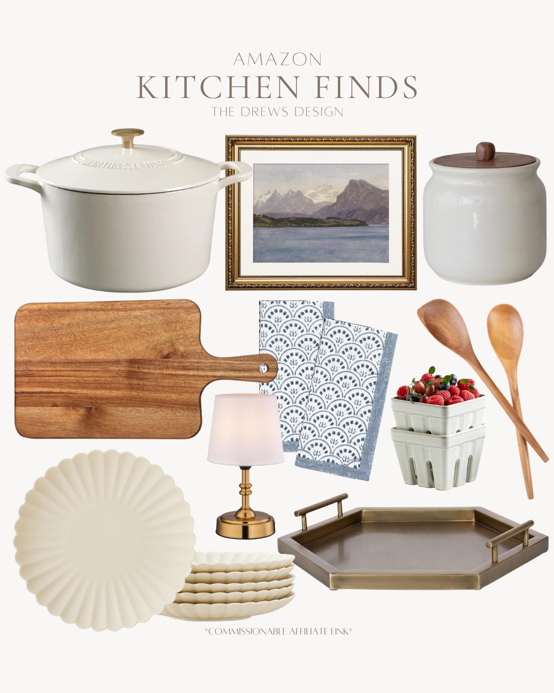 Amazon kitchen finds include canister, wall art, wooden spoons, Dutch oven, cloth napkins, charcuterie boards, tray, plates, table lamp, ceramic berry basket.

Home decor, looks for less, kitchen decor, kitchen finds

#LTKvlog #LTKSaleAlert #LTKHome