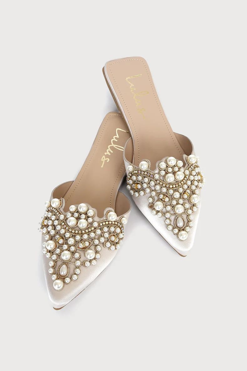 Flora Ivory Satin Pearl Embroidered Pointed-Toe Flats | Lulus