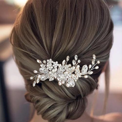 ALUINN Crystal Bride Hair Comb Pearl Hair Piece Rhinestone Wedding Bridal Hair Accessories for Women Brides and Bridesmaids (Silver) | Amazon (US)