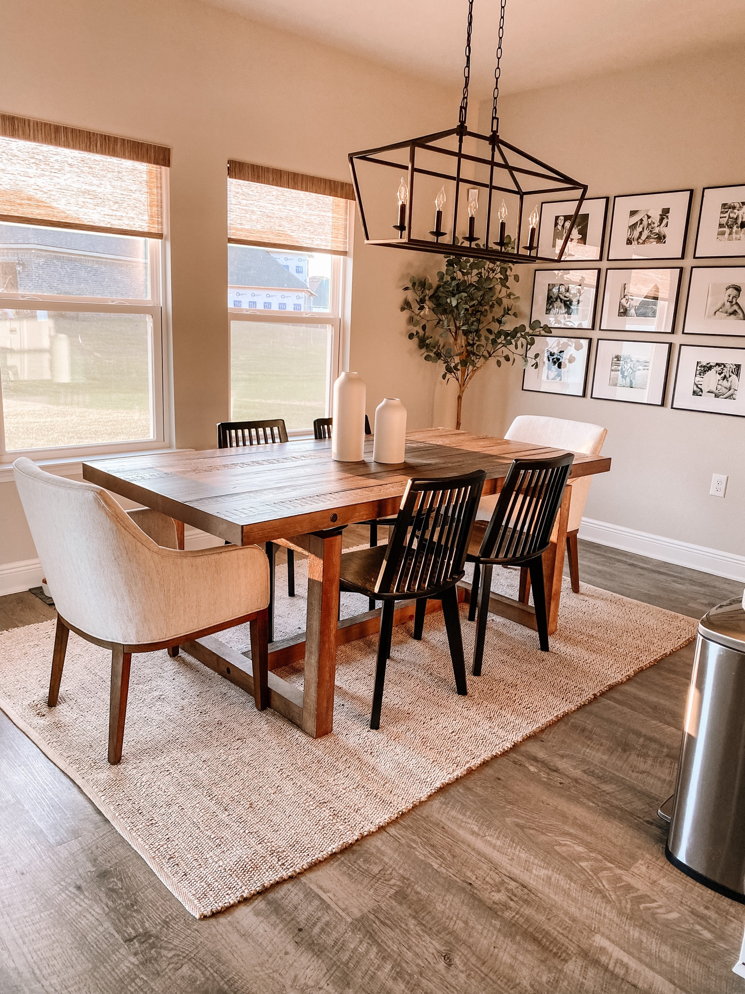 Minimalist dining room. 

Home decor, dining room table, rug, dining room chair, gallery wall, chandelier, organic decor, modern farmhouse, kitchen decor, blinds, spring home decor, pottery barn, world market 

#LTKfamily #LTKhome